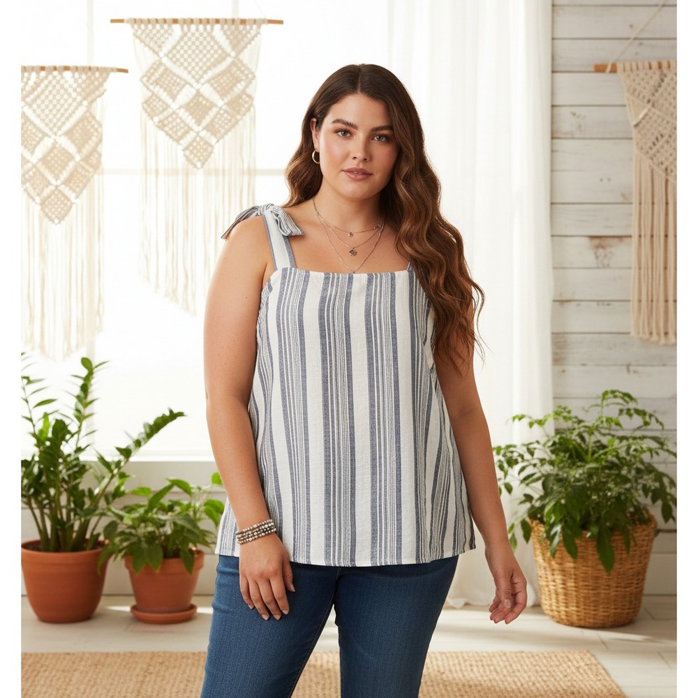 NEW Crown Ivy XXL Blue Stripe Linen Tank Top 2X Womens Casual Coastal Beach